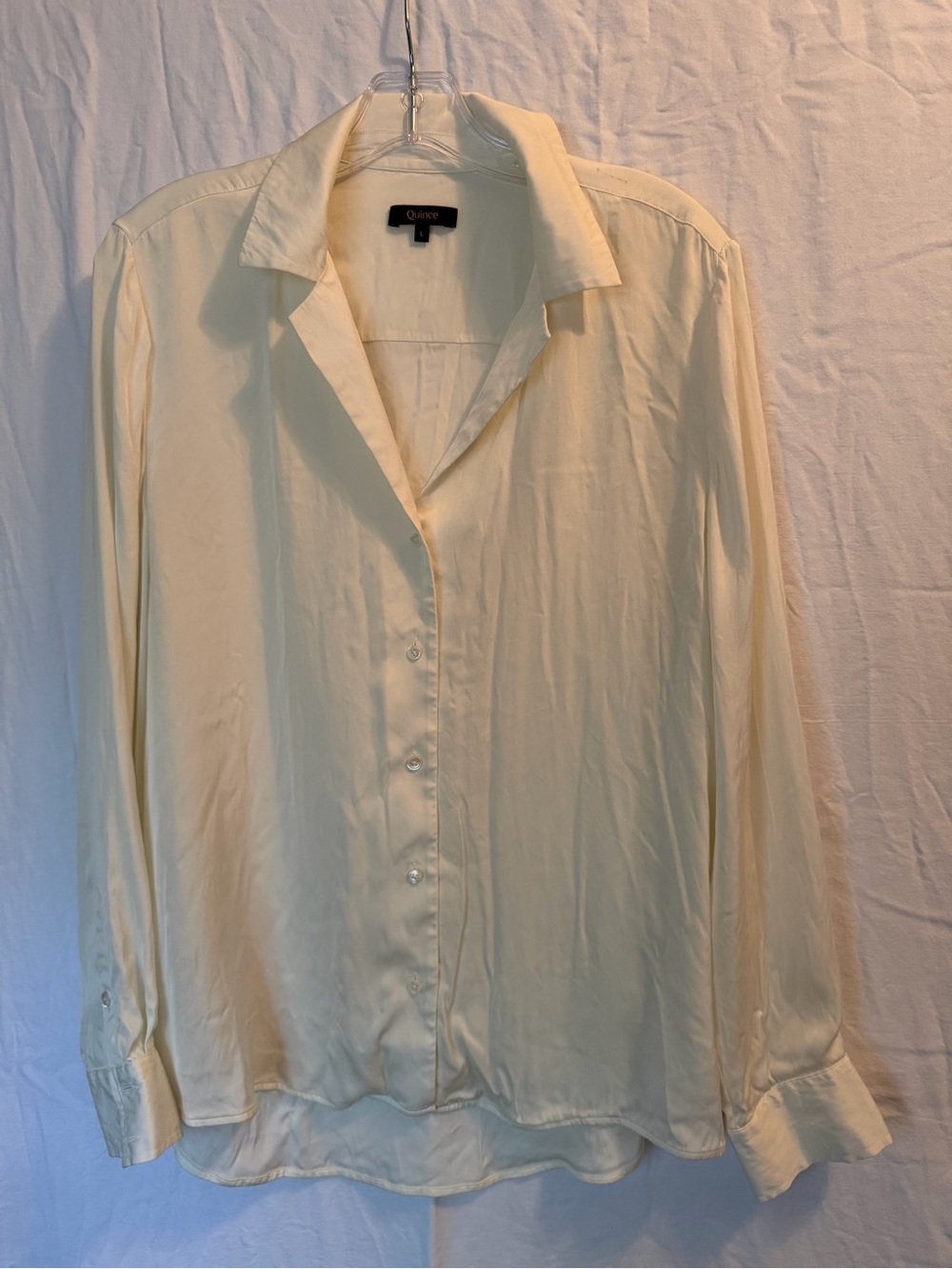 Quince Washable Stretch Silk Notch Collar Blouse Size L Ivory Button Down